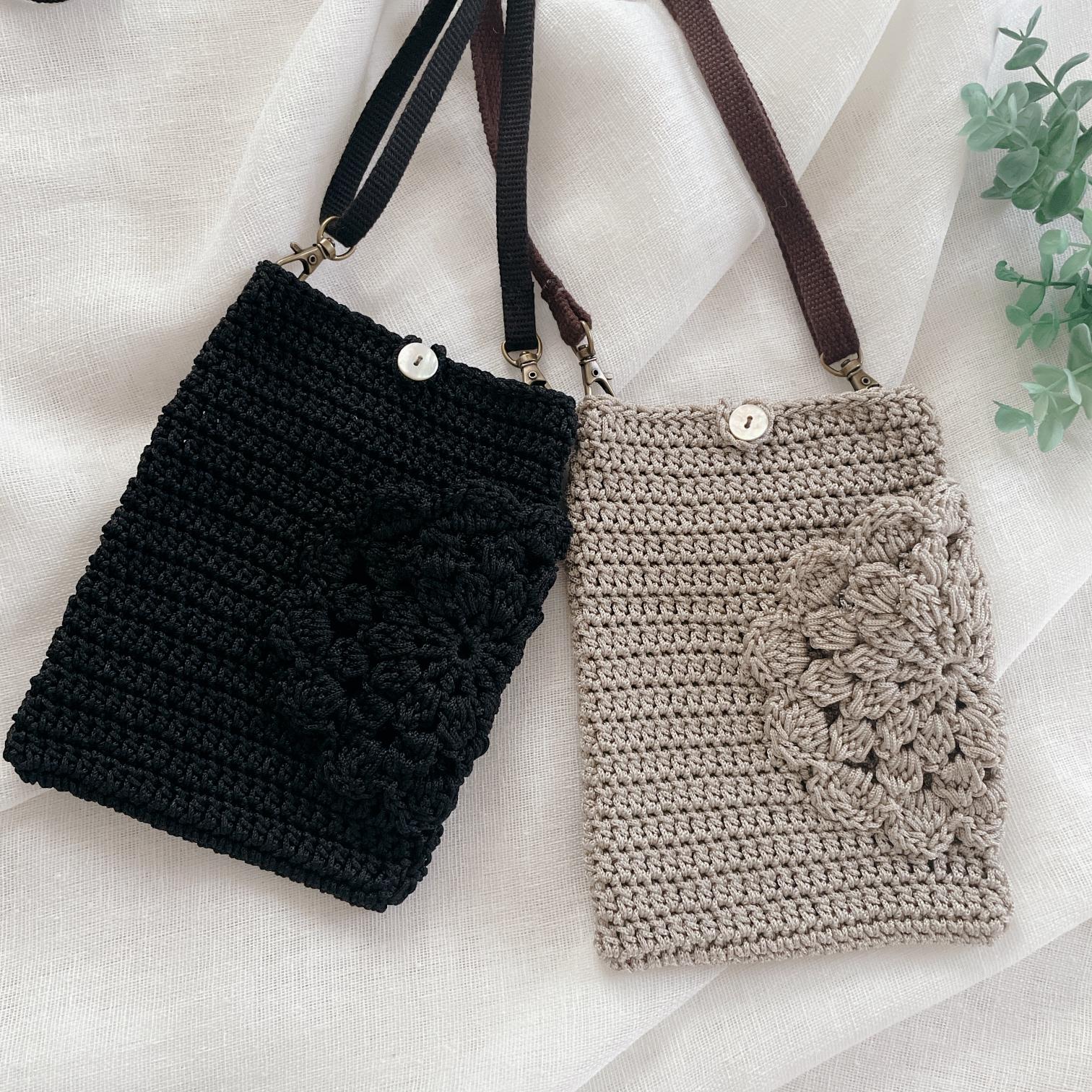 花モチーフポケットポシェット　マクラメヤーン