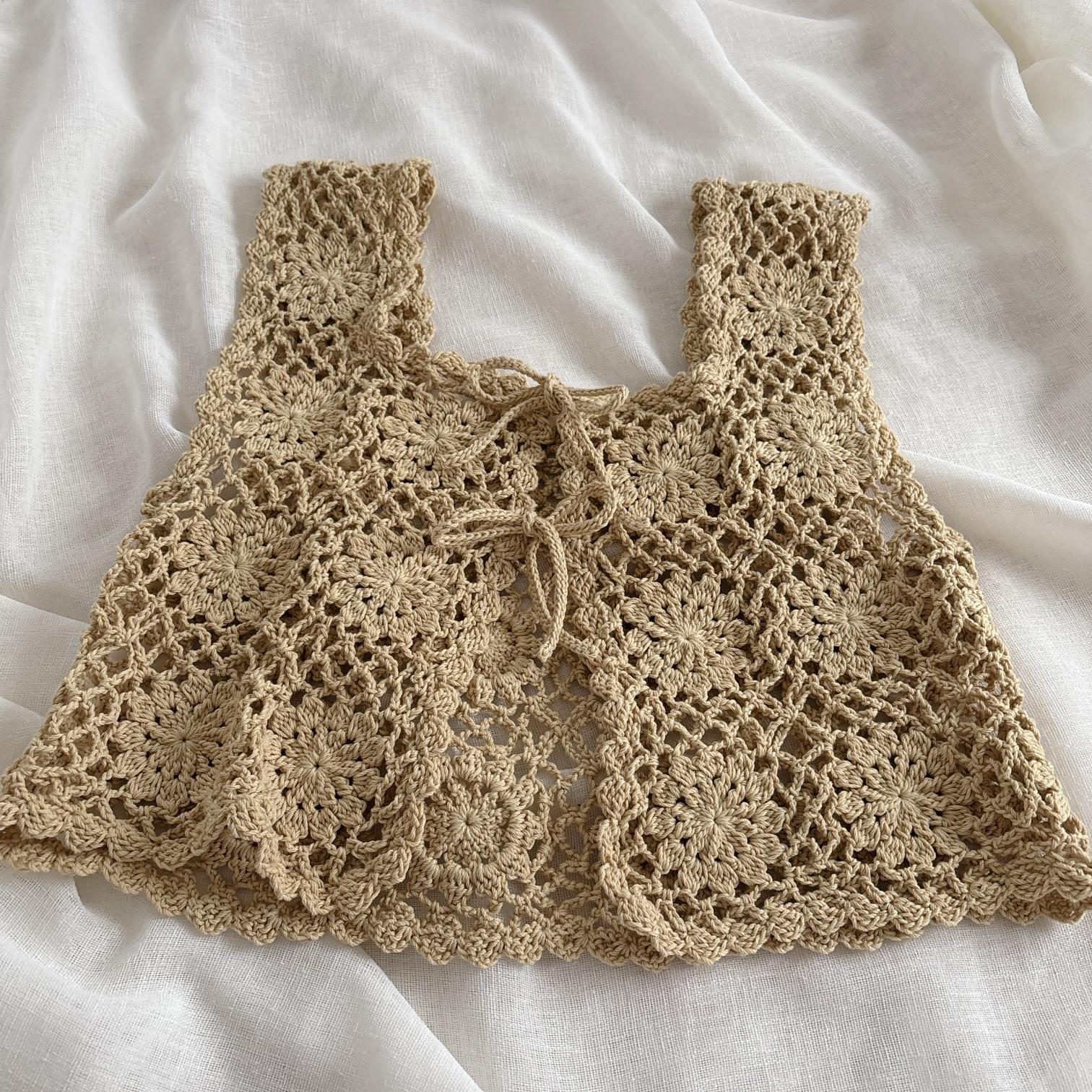 花のモチーフ編みビスチェ 2つリボン cotton ソフトイエロー | 4枚目